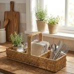 Esranın Dünyası Buffer 3 Bölmeli Hasır Sepet Organizer Saplı, Mutfak Banyo Ofis Çok Amaçlı Düzenleyici, Plastik Rattan Kaşıklık Sepeti, 40X13X17 cm
