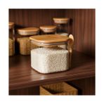 Esranın Dünyası Deconox 600 ml Bambu Kapaklı ve Kaşıklı Kare Cam Kavanoz, Vakumlu Ahşap Kapaklı Baharatlık, Kendinden Kaşık Yuvalı Şeker, Kahve ve Banyo Tuzu Saklama Kabı