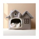 Esranın Dünyası Villa Kedi Evi Peluş Kapalı Kedi Yatağı Minderli Katlanır (Gri)