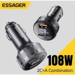 Essager 108W Araç Şarjı Type-C+Usb Üç Giriş Hızlı Pd CE/FC/Rohs Lisanslı Dijital Led Gösterge Tüm Telefonlara ve Araçlara Uygun Metal Şık ve Sağlam - Siyah