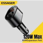 Essager 120W Araç Şarjı Yeni Genişletme Bağlantı Noktası Type-C+Usb Giriş Hızlı Pd Ce Lisanslı Dijital Led Gösterge Tüm Telefonlara ve Araçlara Uygun Orjinal Şık Metal ve Sağlam - Siyah