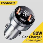 Essager 80W Araç Şarjı Type-C+Usb Üç Giriş Hızlı Pd Ce/fc/rohs Lisanslı Dijital LED Gösterge Tüm Telefonlara ve Araçlara Uygun Orjinal Şık ve Sağlam - Gümüş - Siyah
