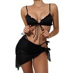 ESSECMBS 3 Adet Kadın Bikini Bölünmüş Mayo Seti V Yaka Üst Düşük Bel Külot Mini Etek Fırfırlı Dantel-up Külot See-Through Mesh Cover ups Mayo, Siyah, XL