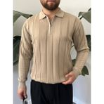 Essenza Erkek Fitilli Yarım Fermuarlı Polo Yaka Triko Kazak - Bej - 2XL