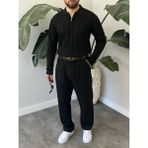 Essenza Erkek Fitilli Yarım Fermuarlı Polo Yaka Triko Kazak - Siyah - 2XL