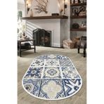 ESTA HALI Simetrik Kare Desenli Dijital Baskılı Oval Halı Makinada Yıkanabilir Dot Keçe Taban Esta1091