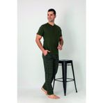 Estiva Erkek Kareli Alt Desenli Haki Kısa Kollu Patlı Penye Pijama Takımı