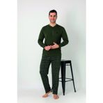 Estiva Erkek Kareli Alt Desenli Haki Uzun Kollu Patlı Penye Pijama Takımı