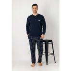 Estiva Erkek Kareli Alt Desenli Lacivert Uzun Kollu Patlı Penye Pijama Takımı
