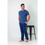 Estiva Erkek Kareli Alt Desenli Mavi Kısa Kollu Patlı Penye Pijama Takımı