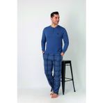 Estiva Erkek Kareli Alt Desenli Petrol Uzun Kollu Patlı Penye Pijama Takımı