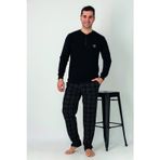 Estiva Erkek Kareli Alt Desenli Siyah Uzun Kollu Patlı Penye Pijama Takımı