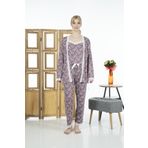 Estiva Kadın 3 Parça Sabahlıklı Desenli Likra Viskon Pijama Takımı - Mor XL