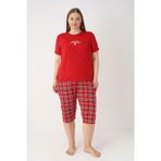 Estiva Kadın Kareli Alt Desenli Kırmızı Kısa Kollu Kaprili Soft Battal Pijama Takımı