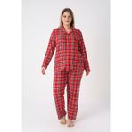 Estiva Kadın Kareli Kırmızı Önden Düğmeli Soft Battal Pijama Takımı