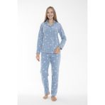 Estiva Kadın Kışlık Kar Desenli Önden Düğmeli Fitilli Polar Pijama Takımı Mavi Yumuşak ve Rahat