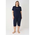 Estiva Kadın Puantiye Alt Desenli Lacivert Kısa Kollu Kaprili Soft Battal Pijama Takımı