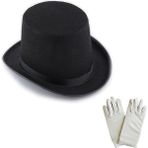 EstoreBox Siyah Sihirbaz Fötr Şapka 15 cm - 1 Çift Beyaz Sihirbaz Eldiveni - Yetişkin Boy