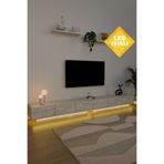 Estoria Home Led Işıklı Terra Tv Ünitesi 260cm Modern Kullanışlı 6 Kapaklı Raflı Uçan Tv Sehpası Traverten Desen