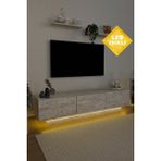 Estoria Home Terra LED Işıklı Traverten Mermer Tv Ünitesi Modern Uçan Tv Sehpası 3 Kapaklı Bohem Minimal Tasarım - Bej