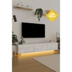 Estoria Home Terra Led Işıklı Traverten Mermer Tv Ünitesi Modern Uçan Tv Sehpası 3 Kapaklı Bohem Minimal Tasarım
