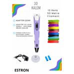 ESTRON Mor 3d Kalem 3d Pen Yazıcı Kalem | 10 Adet 5 Metre (TOPLAM 50 METRE) Filament Adaptörlü