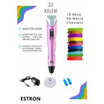 ESTRON Pembe 3d Kalem 3d Pen Yazıcı Kalem | 10 Adet 5 Metre (TOPLAM 50 METRE) Filament Adaptörlü