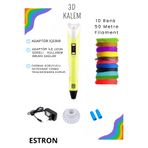 ESTRON Sarı 3d Kalem 3d Pen Yazıcı Kalem | 10 Adet 5 Metre (TOPLAM 50 METRE) Filament Adaptörlü