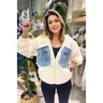 Eswomes Kapişonlu Kot Detay Peluş Mont Krem