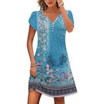 ETCYY Kadın's Günlük Elbise Kısa Kollu Sundresses Tatil Yazlık Elbiseler 2025 Plaj Bahar A-Line Tshirt Elbise cepli, Çiçek Mavisi, S