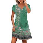 ETCYY Kadın's Günlük Elbise Kısa Kollu Sundresses Tatil Yazlık Elbiseler 2025 Plaj Bahar A-Line Tshirt Elbise cepli, Çiçekli Yeşil, L