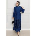 Eteği Desenli Karin Elbise-Saks Mavi - 38