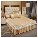 Etek Fırfırlı Yatak Eteği, Dantel Yatak Eteği Ve Yastık Kılıfı Seti Pamuk Çok Renkli Çoklu Boyutlar 3'lü Paket(Beige,3pcs design 180x200)