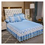 Etek Fırfırlı Yatak Eteği, Dantel Yatak Eteği Ve Yastık Kılıfı Seti Pamuk Çok Renkli Çoklu Boyutlar 3'lü Paket(Sky Blye,3pcs design 180x200)