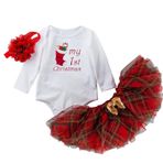 Etek Tül Mini Dans Eteği Karnaval Bebek Kız Bebek 1. Noel Kıyafetleri Harf Baskılı Tulum + Ekose Tutu Elbise Saç Bandı 3 Parça Kıyafet Seti 2-8 Yaş (12-24 Ay)