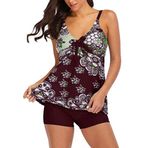 Eternatastic Kadın Retro Şal Desenli Baskılı Tankini Mayo Erkek Şortlu Yüzme Kolsuz Üst, Kahve-1717, 10-12