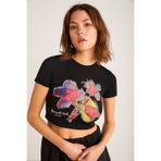 ETHIQUET JESS Kadın Çiçek Baskı Detaylı Kısa Kollu Bisiklet Yaka Crop Siyah T-Shirt
