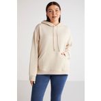 ETHIQUET Terezabb Kadın Içi Polarlı Yumuşacık Comfort Fit Kapüşonlu Kanguru Cep Bej Büyük Beden Sweatshirt