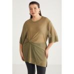 ETHIQUET Yukınbb Kadın Drape Detaylı Mesh Kumaşlı Yuvarlak Yaka Haki Büyük Beden Tunik - 2XL