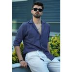 Etikmen indigo Keten Apaj Yaka Relax Fit Hediye Kutulu Erkek Gömlek M