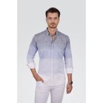Etikmen Panolu Mavi Gri Geçişli Keten Slimfit Erkek Gömlek - Mavi - Gri - XL