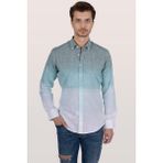 Etikmen Panolu Yeşil Beyaz Geçişli Keten Slimfit Erkek Gömlek - XL