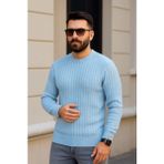 Etiler Collection Erkek Bisiklet Yuvarlak Yaka Triko Kazak Pamuklu Kalın Fitilli Dokuma, Regular Fit Uzun Kollu Kışlık Model - Bebe Mavisi