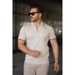 Etiler Collection Erkek Fermuar Yakalı Çizgi Dokulu Kısa Kollu Tişört - Taş - 2XL