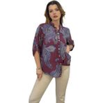 Etki Moda Kadın Çok Renk Desenli Italyan Stil Yarım Düğmeli Hakim Yaka Gömlek - Mürdüm