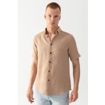 EtkiModa Erkek Bej%100 Pamuk Kısa Kollu Regular Fit Bürümcük Müslin Gömlek Bej S