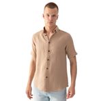 EtkiModa Erkek Bej%100 Pamuk Kısa Kollu Regular Fit Bürümcük Müslin Gömlek Bej XL