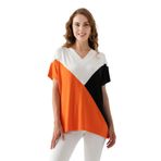 EtkiModa Kadın Beyaz Siyah Turuncu Blok Desenli Yarasa Kollu Viskon Penye Bluz Beyaz Siyah Turuncu XL