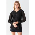 EtkiModa Kadın Siyah Yakası İnci Detaylı Kolları Tüllü Jarse Bluz Siyah 2XL