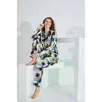 Etoile zen-98222900 Pamuklu Uzun Kol Önden Düğmeli Kadın Pijama Takımı Kahve Blok Desenli